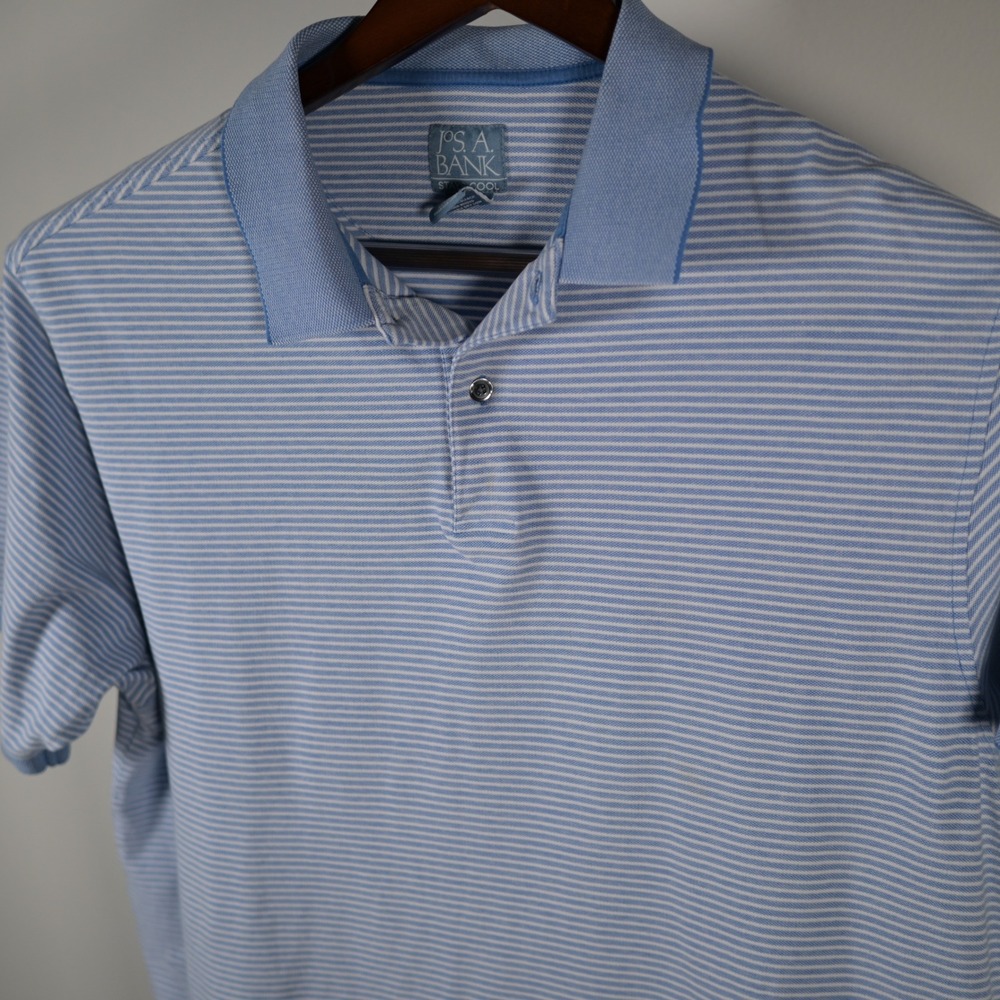 Jos. A. Bank Stays Cool Mens XL Blue White Striped Short Sleeve Polo Shirt